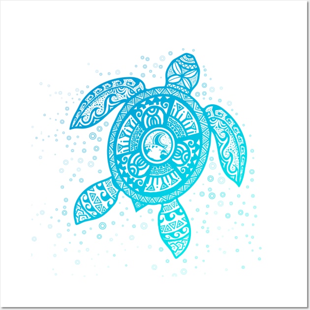 Boho Tiki Teal Sea Turtle with Bubbles Wall Art by Jitterfly